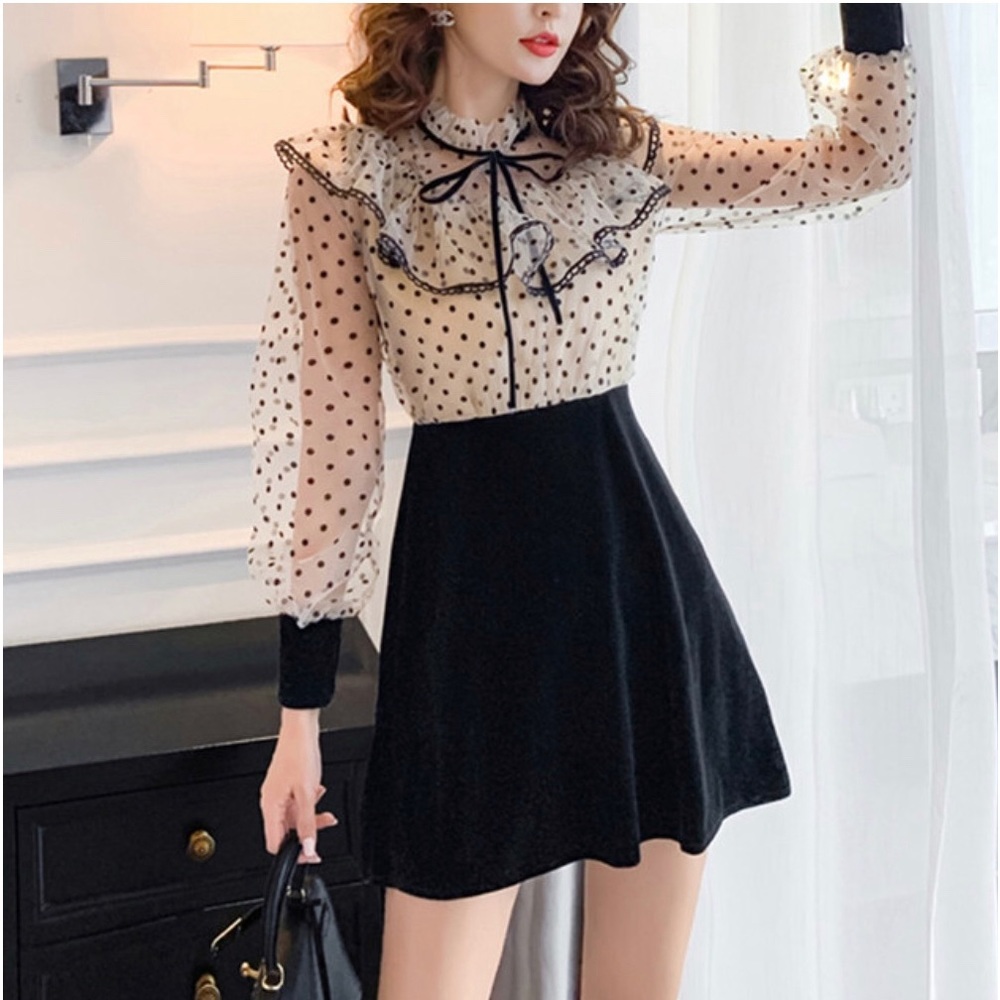 One Piece Lady Polka Dot Bow Ruffled Long Sleeve Mesh Dress - Picture 2 of 5